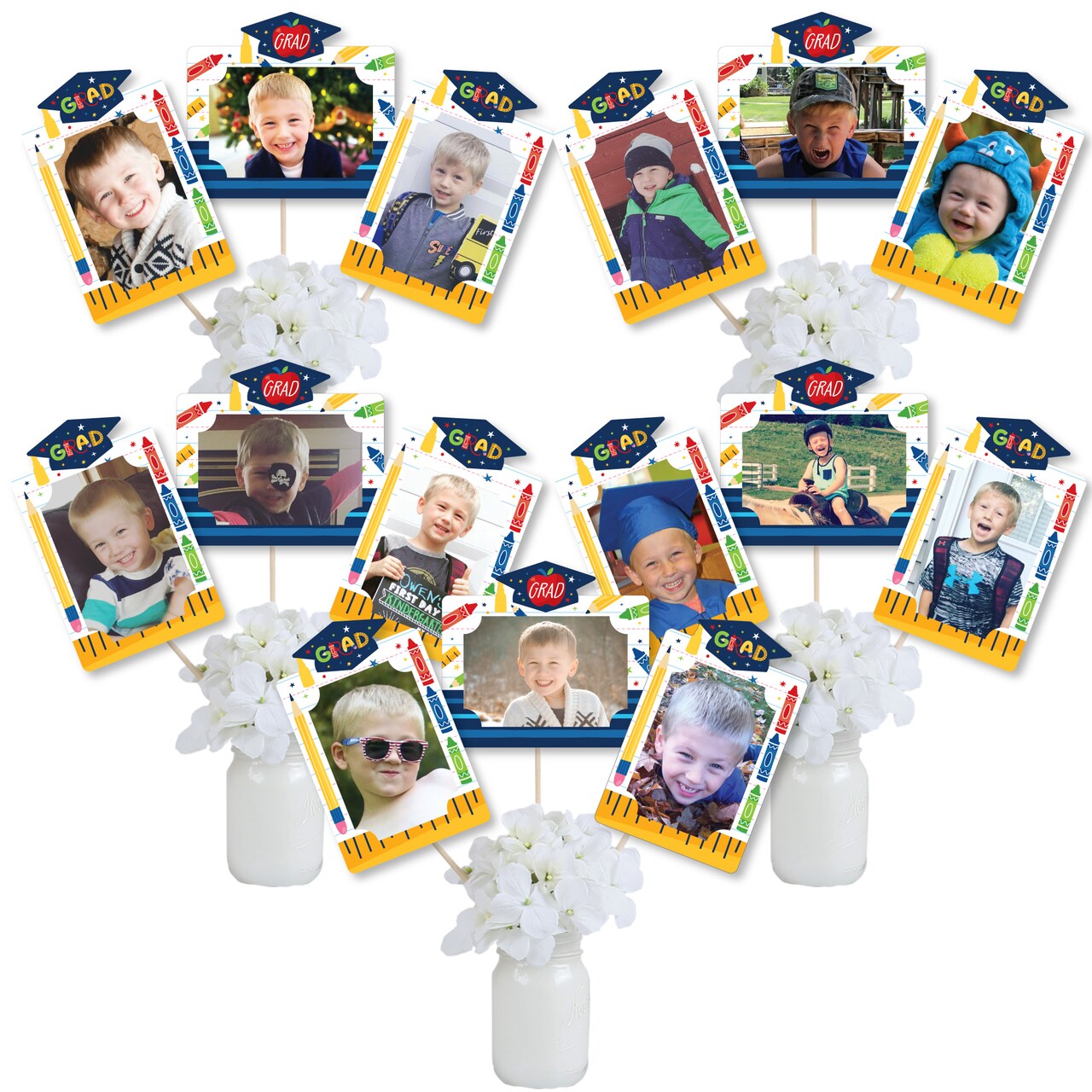 Big Dot of Happiness Kindergarten Grad - 4K Preschool Kids Graduation Party Picture Centerpiece Sticks - Photo Table Toppers - 15 Pieces